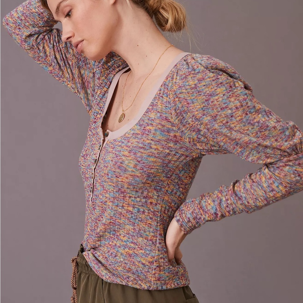 Anthropologie Puff-Sleeved Knit Henley Top